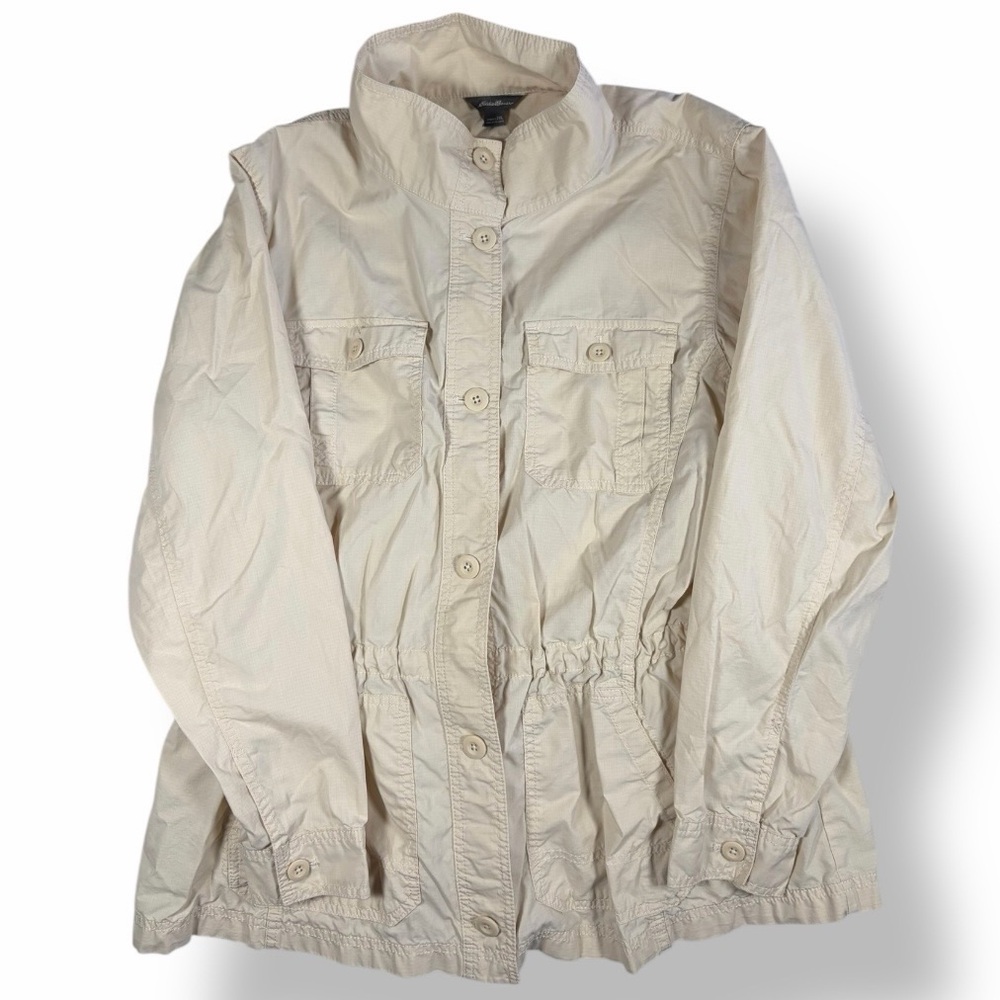 EDDIE BAUER Rip Stop Tan Khaki Utility Safari Cargo Pocket Jacket Shacket 2X - Picture 2 of 7